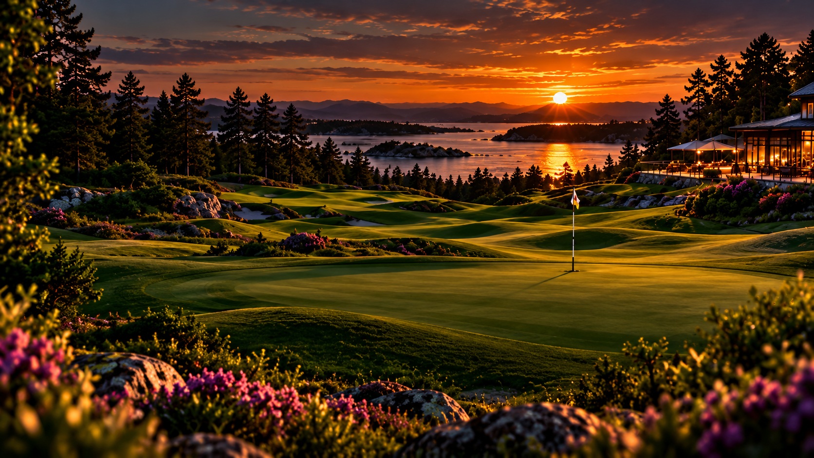 Illustrasjon av en golfbane ved solnedgang